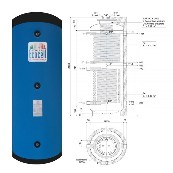 Cambiocaldaiaonline.it AURORA 3M AURORA 3M ECOCELL PUFFER SPECIALI (300 lt + serpentino alto solare da 2mq + acs 3.17mq) Cod: PFSS 300 R SPECIAL-312