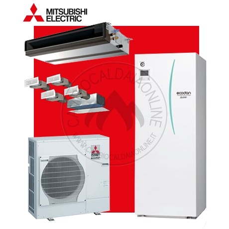 Cambiocaldaiaonline.it MITSUBISHI ELECTRIC MITSUBISHI kit sistema Mr.SLIM+ filo comando + canalizzato x 4 zone (u.est 1.82 kW elett + u.int 8.00 kW term + acs 200lt + Tmax 55°/-20°) CALDO and FREDDO + APP Cod: EHST20C-VM2C+PUHZ-FRP71VHA+KITCANALIZZATO-341