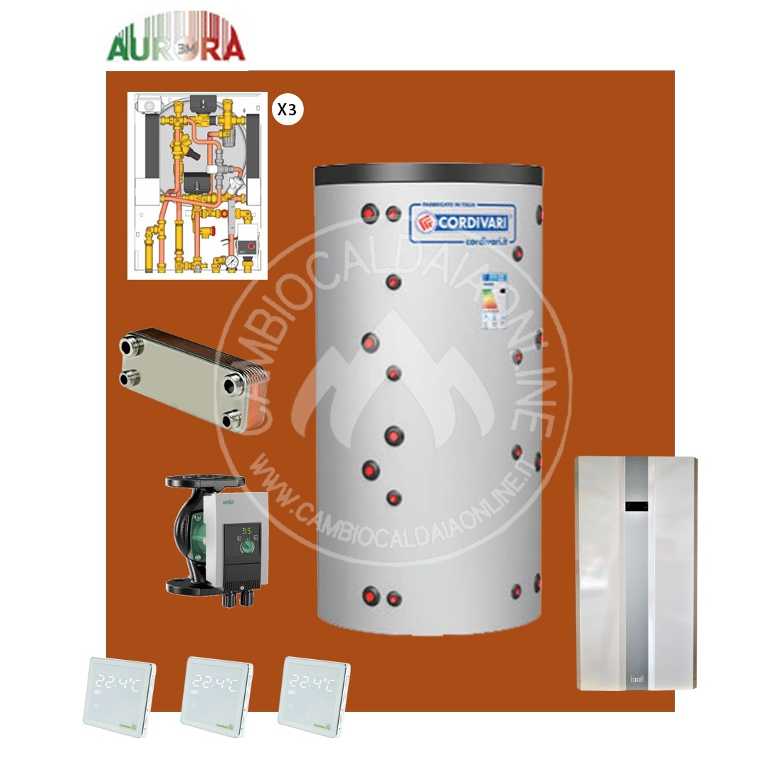 Cambiocaldaiaonline.it AURORA 3M AURORA 3M kit 3 appartamenti riscaldamento BT + acqua calda sanitaria* 15kW elettrici con puffer bivalente + 3 satelliti utenza al piano Cod: Aurora.BT3_H20-340