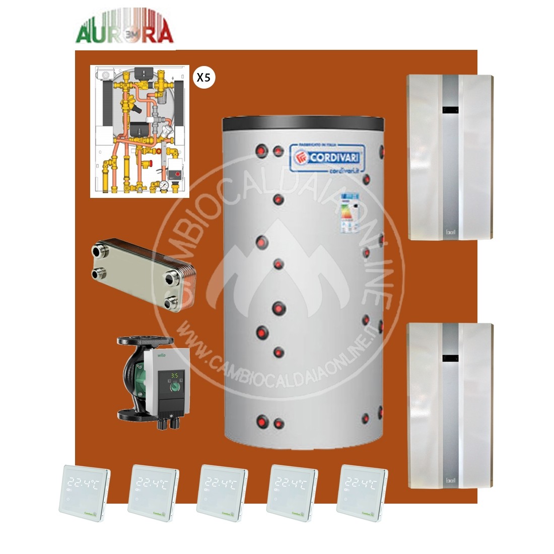 Cambiocaldaiaonline.it AURORA 3M AURORA 3M kit 5 appartamenti riscaldamento BT + acqua calda sanitaria* 20kW elettrici con puffer bivalente + 5 satelliti utenza al piano Cod: Aurora.BT5_H20.-341